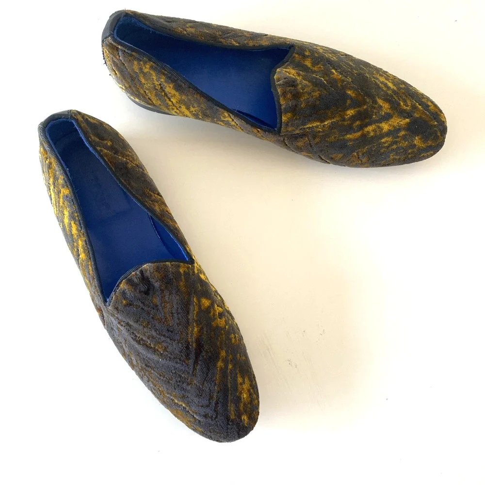 Fertini 80200 Low Vamp Loafer Gold Velvet Slip on Smoking Shoe Yellow Gray 43